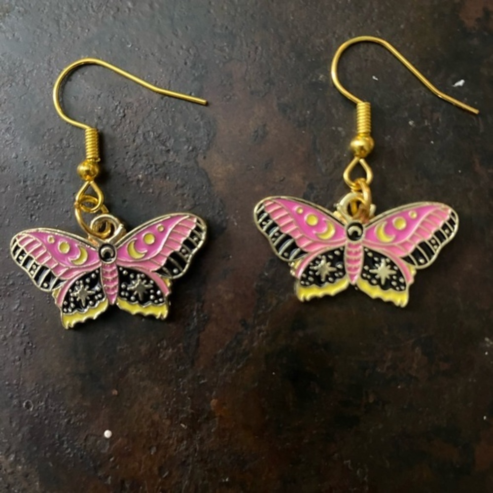 NWT - Bohemian Butterfly Metal Single Sided Dangle Earrings Set - Pink & Black